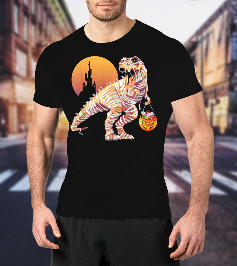 Mummy Rex Dinosaur Halloween Trick Or Treat Castle Shadows T-Shirt