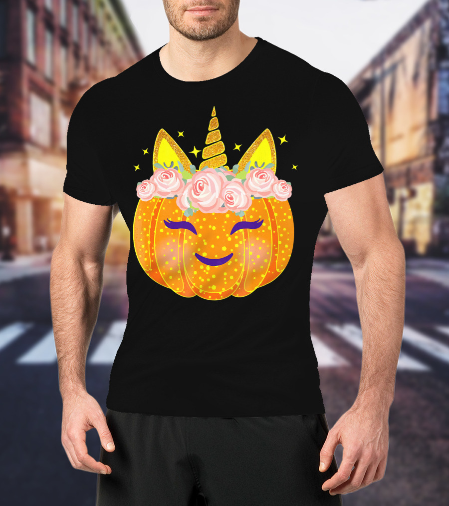 Smiling Unicorn Pumpkin With Flowers And Stars T-Shirt