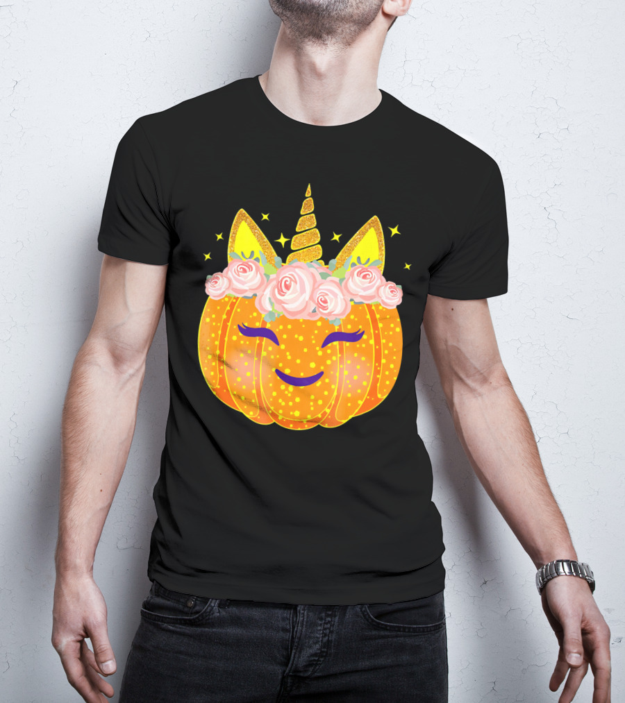 Smiling Unicorn Pumpkin With Flowers And Stars T-Shirt