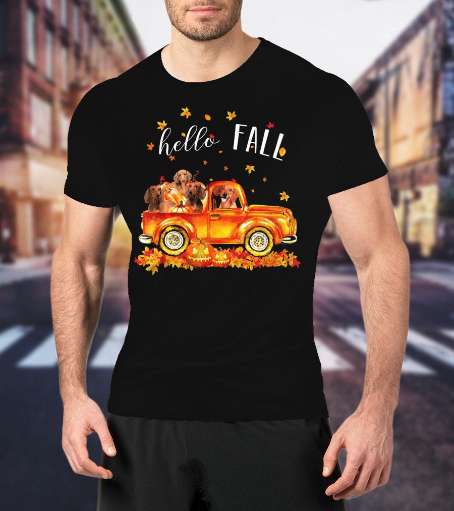 Hello Fall Dachshund Pumpkins Leaves Truck T-Shirt