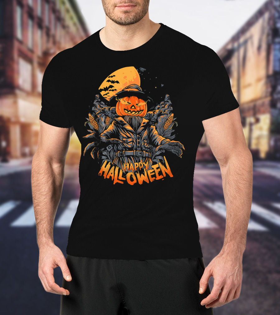 Happy Halloween Pumpkin Horror Moonlit Scarecrow Cornfield T-Shirt