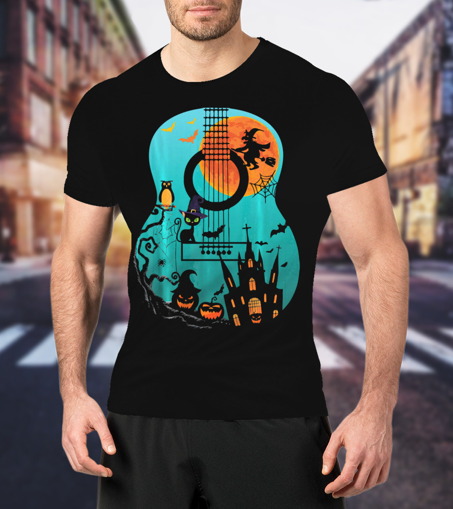 Guitar Lover Scary Halloween Pumpkin Music Witch Castle Cat Owl Bats Moon T-Shirt