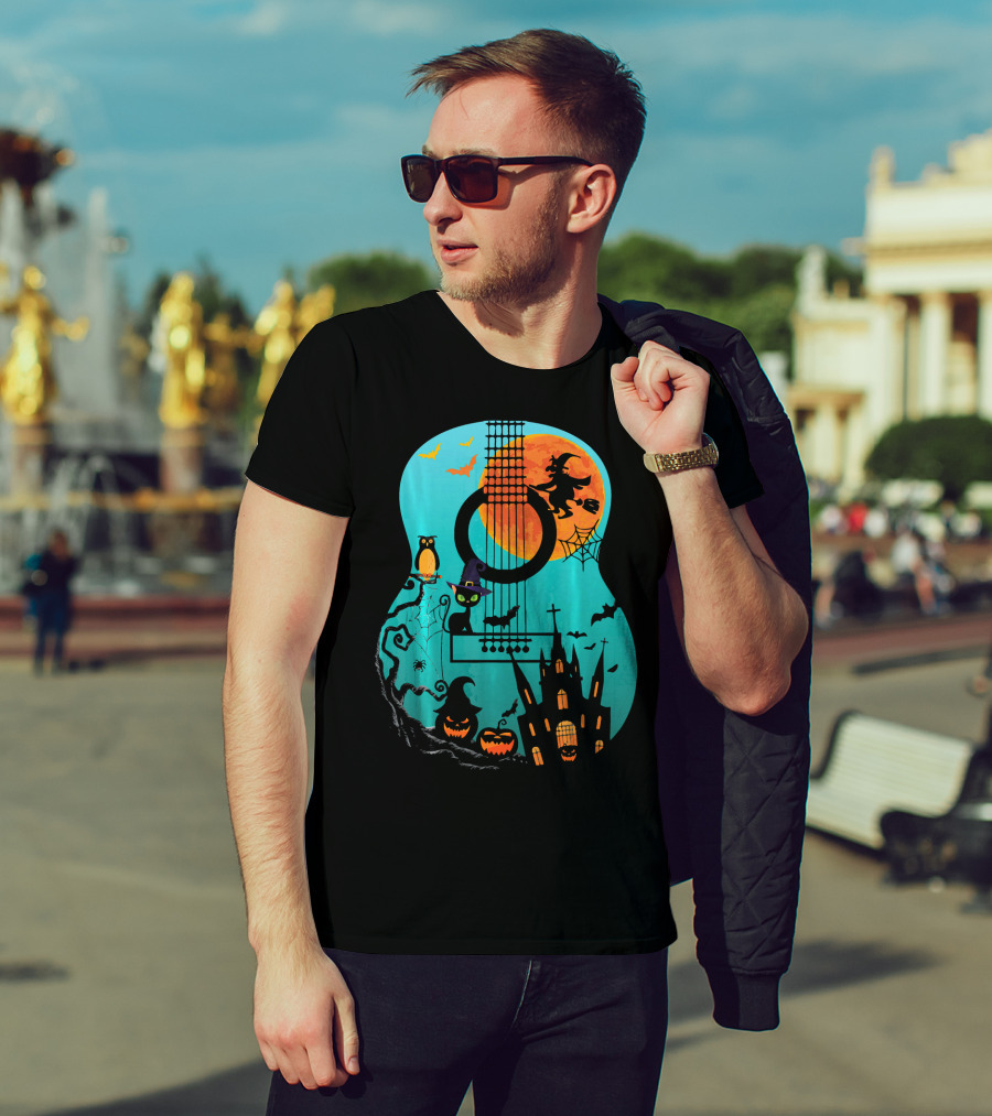 Guitar Lover Scary Halloween Pumpkin Music Witch Castle Cat Owl Bats Moon T-Shirt