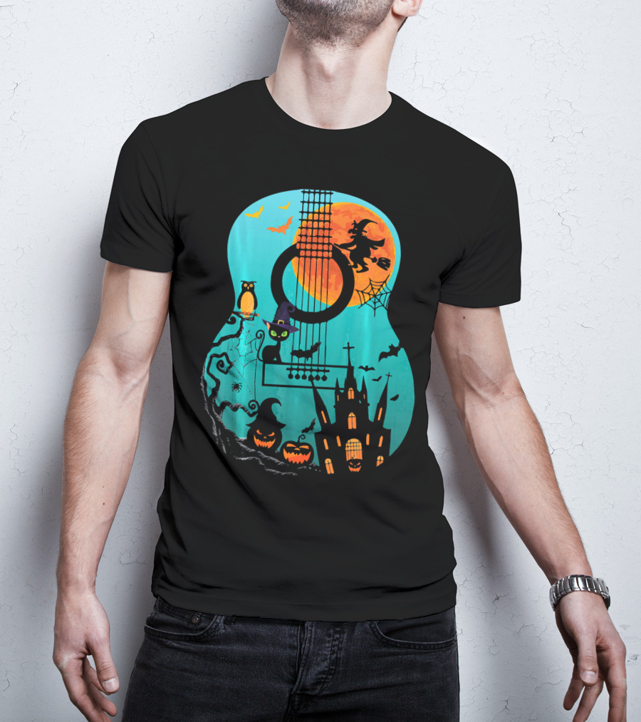 Guitar Lover Scary Halloween Pumpkin Music Witch Castle Cat Owl Bats Moon T-Shirt