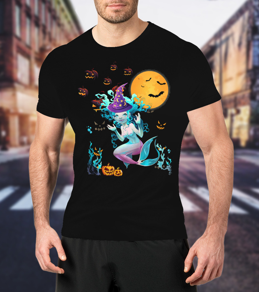 Halloween Mermaid Witch With Pumpkin Lanterns And Moon T-Shirt