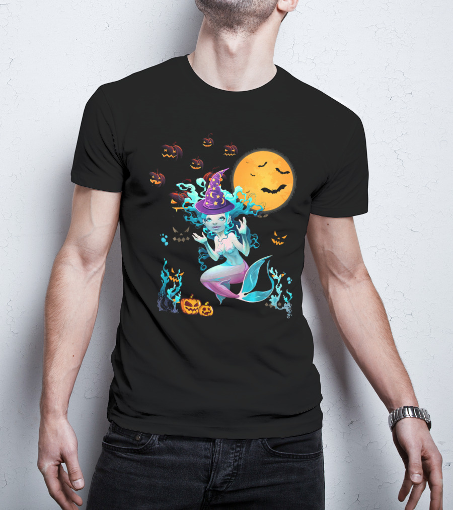 Halloween Mermaid Witch With Pumpkin Lanterns And Moon T-Shirt