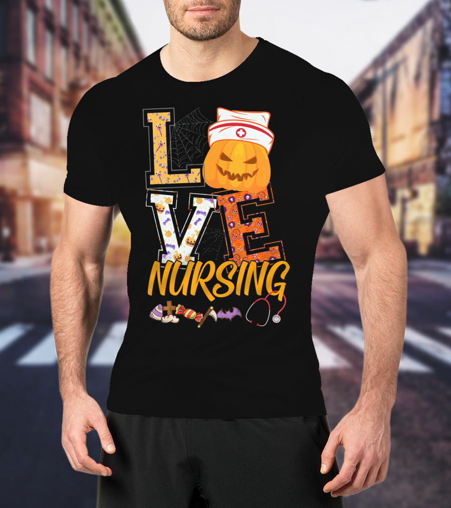 LOVE Nursing Pumpkin Halloween Nurse Stethoscope Spider Web Bat Candy T-Shirt