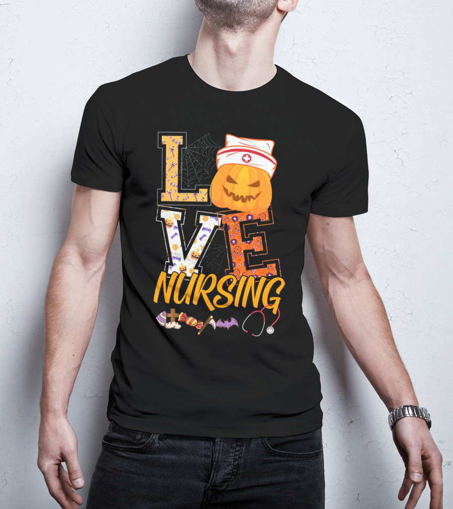 LOVE Nursing Pumpkin Halloween Nurse Stethoscope Spider Web Bat Candy T-Shirt