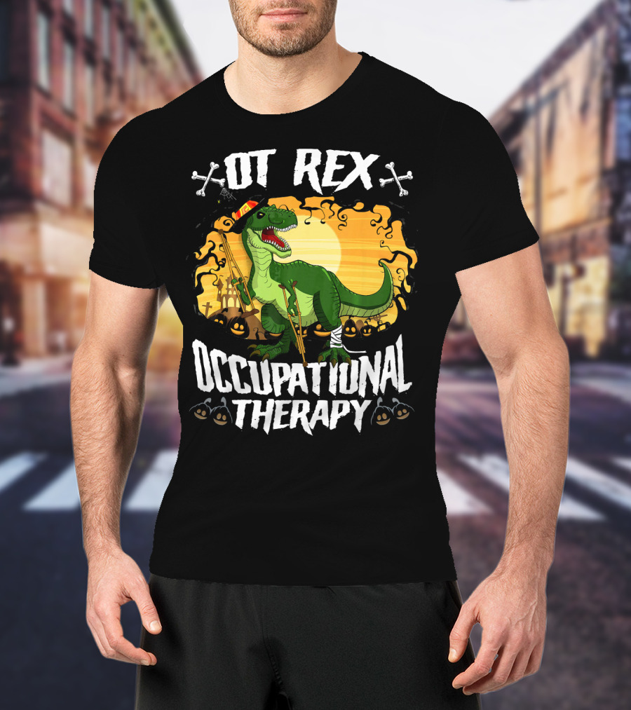 OT Rex Occupational Therapy Halloween Dinosaur With Crutches And Bandages T-Shirt