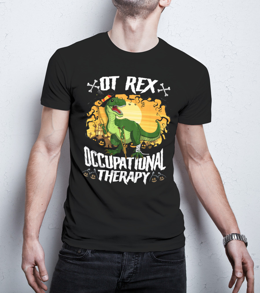 OT Rex Occupational Therapy Halloween Dinosaur With Crutches And Bandages T-Shirt