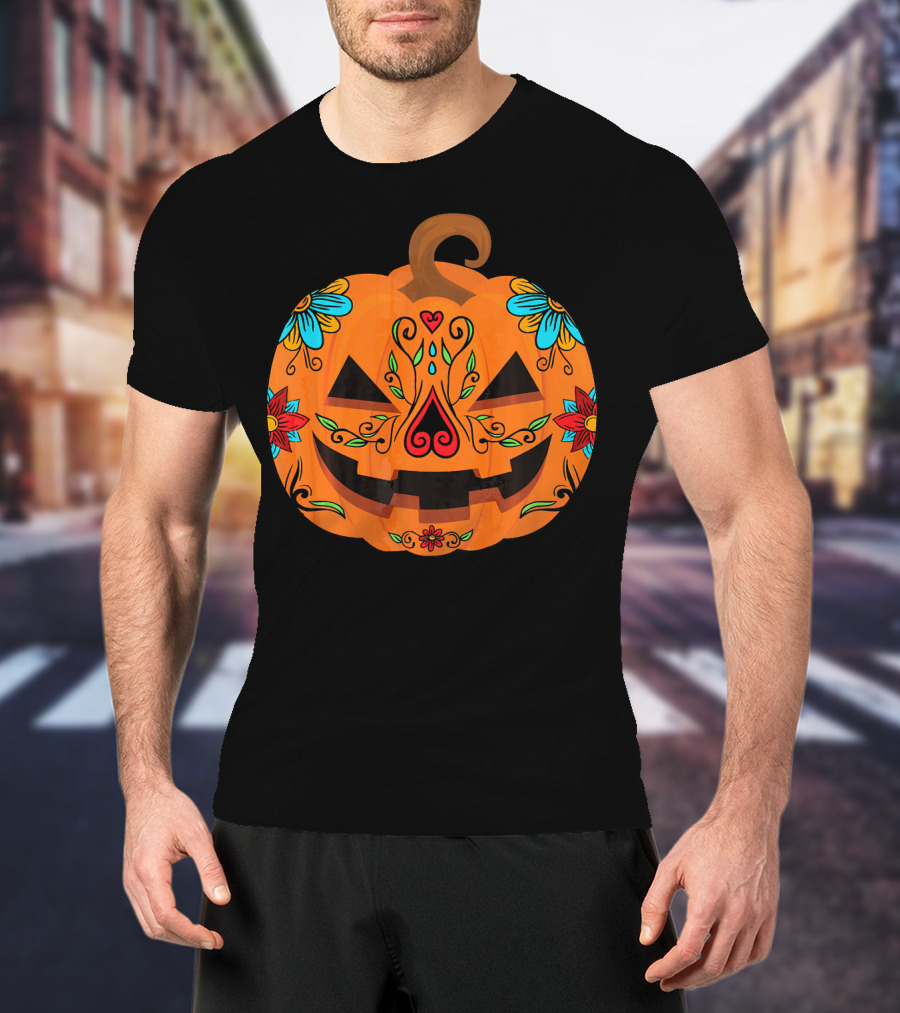 Pumpkin Sugar Skull Halloween Jack-O'-Lantern Floral T-Shirt