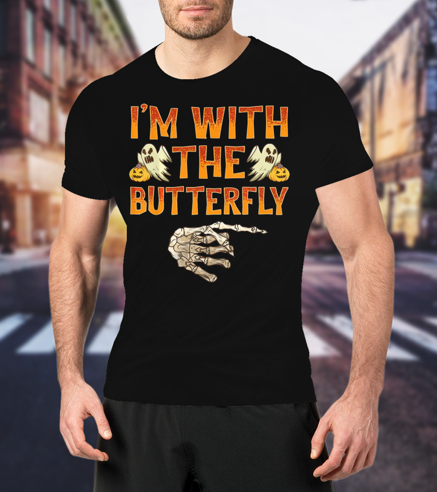 I'm With The Butterfly Ghosts Skeleton Hand Pumpkins T-Shirt