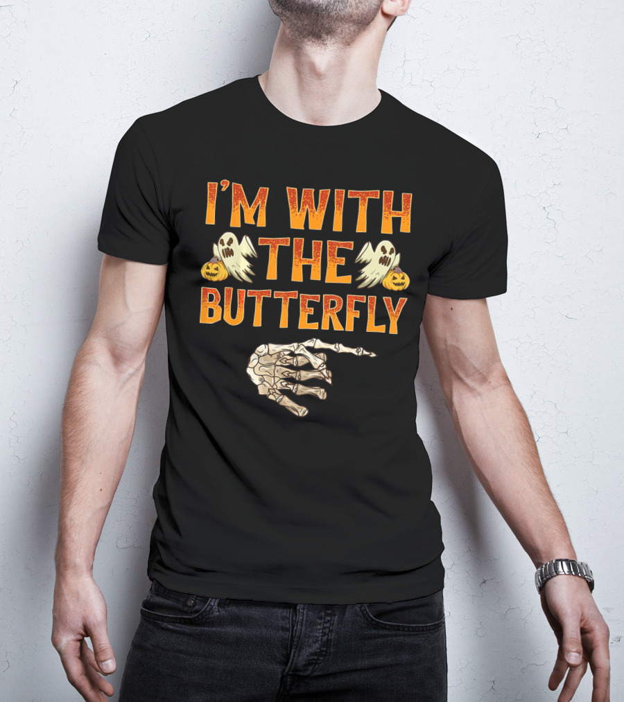 I'm With The Butterfly Ghosts Skeleton Hand Pumpkins T-Shirt