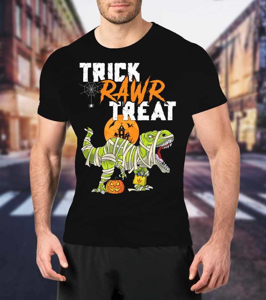 Trick Rawr Treat Dinosaur Mummy Halloween Rex Jack-O'-Lantern T-Shirt