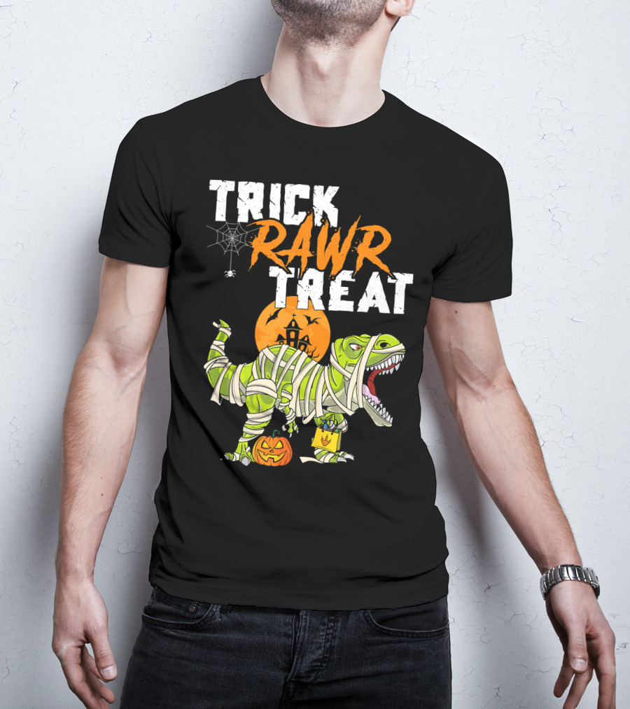 Trick Rawr Treat Dinosaur Mummy Halloween Rex Jack-O'-Lantern T-Shirt