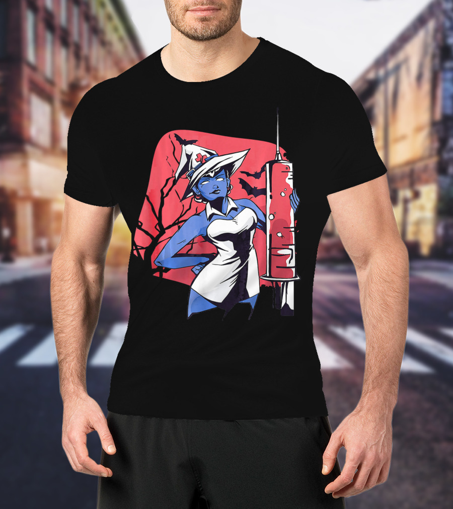 Halloween Witch Nurse Holding Syringe With Witch Hat And Bats T-Shirt