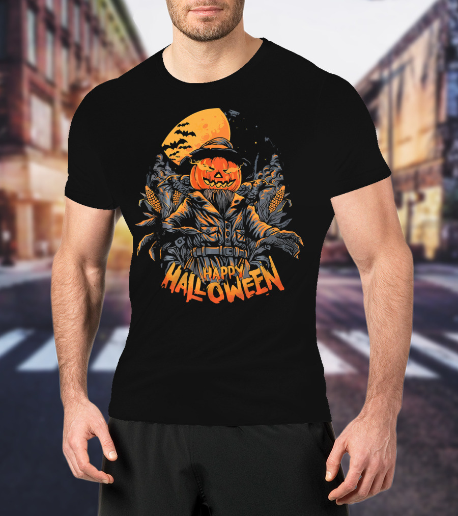 Happy Halloween Scarecrow Pumpkin Moonlit Scene T-Shirt
