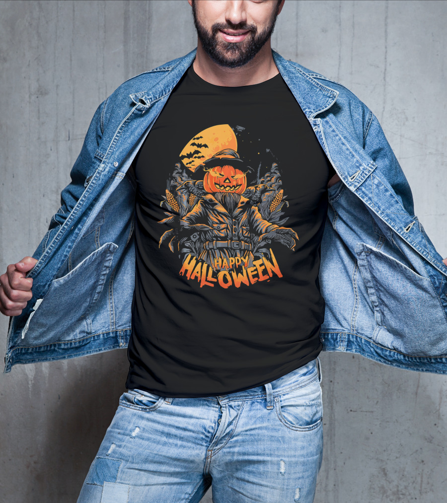Happy Halloween Scarecrow Pumpkin Moonlit Scene T-Shirt