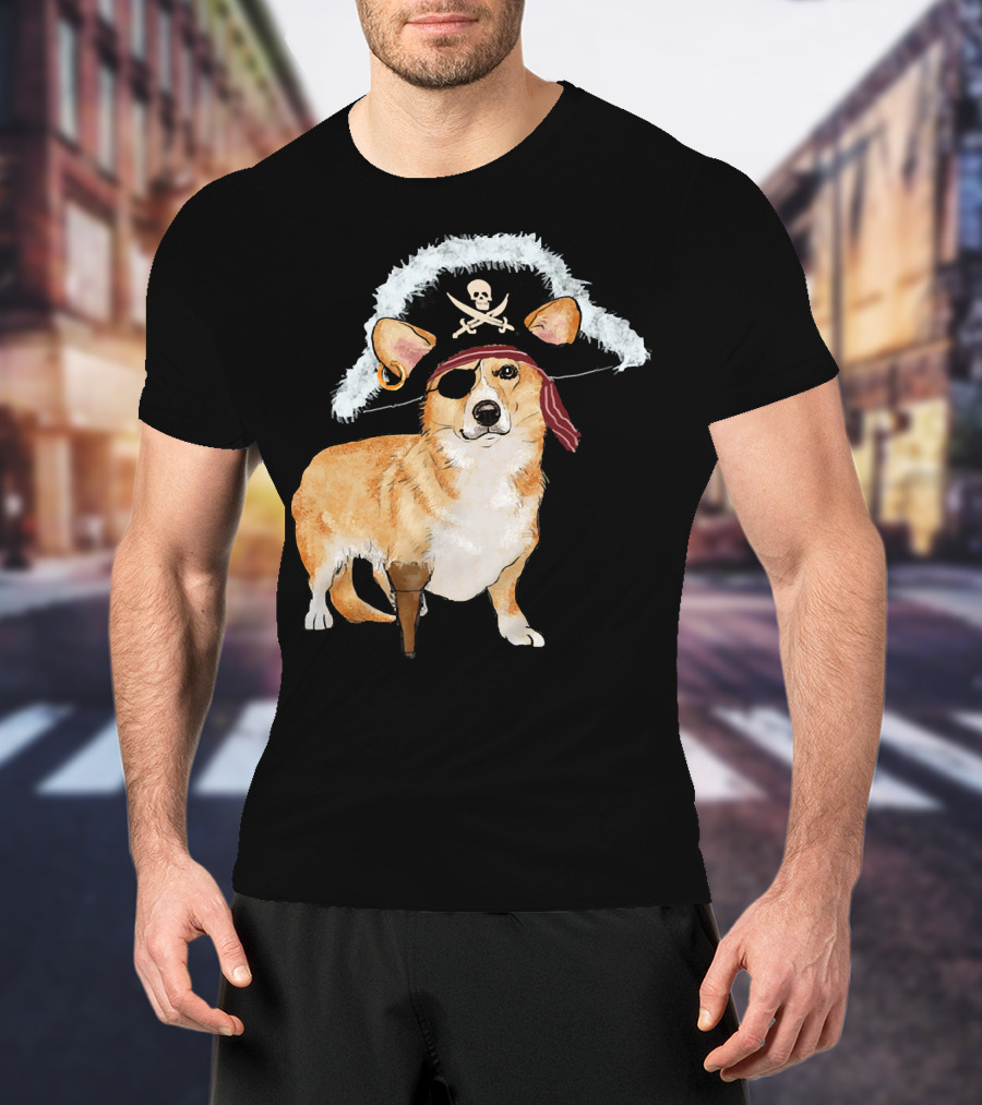 Funny Pirate Corgi Halloween Dog Lovers Skull Eyepatch Hat T-Shirt