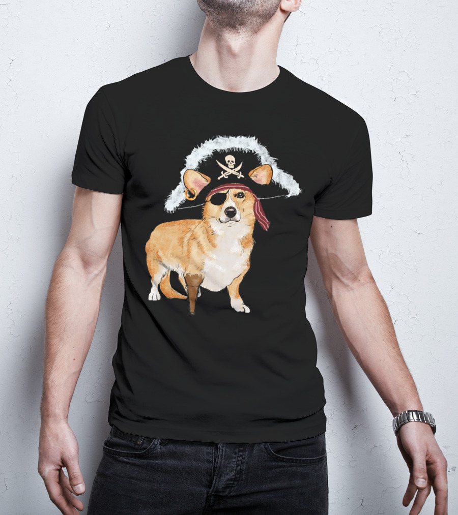 Funny Pirate Corgi Halloween Dog Lovers Skull Eyepatch Hat T-Shirt