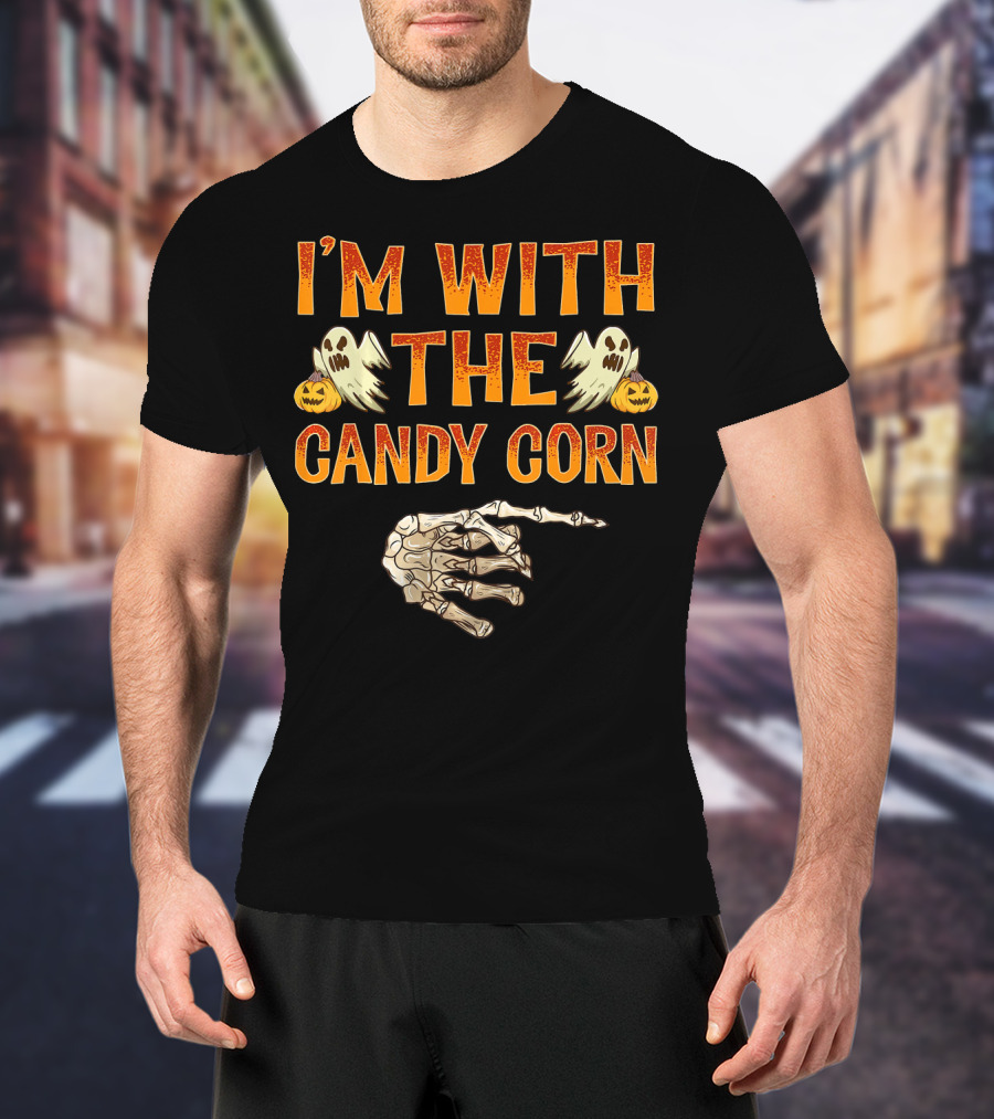 I'm With The Candy Corn Halloween Skeleton Hand Ghosts Pumpkins T-Shirt