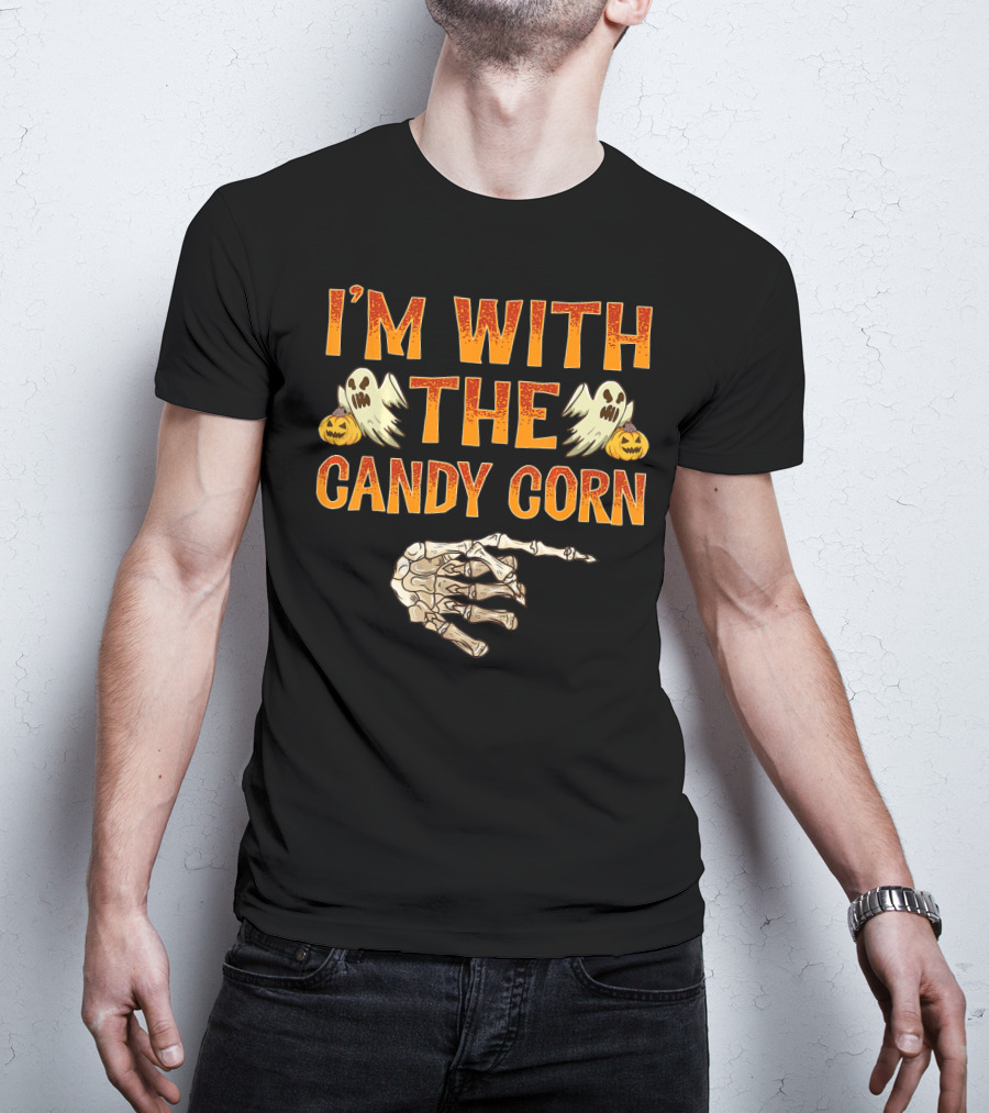 I'm With The Candy Corn Halloween Skeleton Hand Ghosts Pumpkins T-Shirt