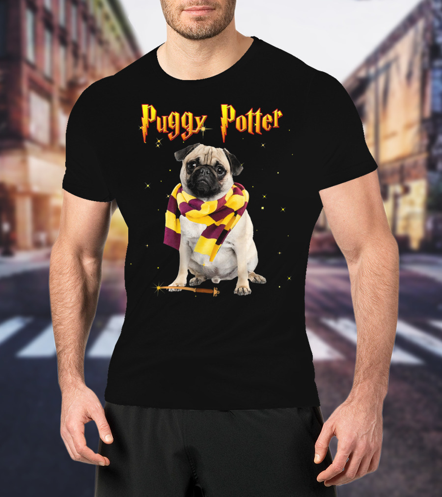 Puggy Potter Magic Wizard Pug With Scarf And Wand T-Shirt