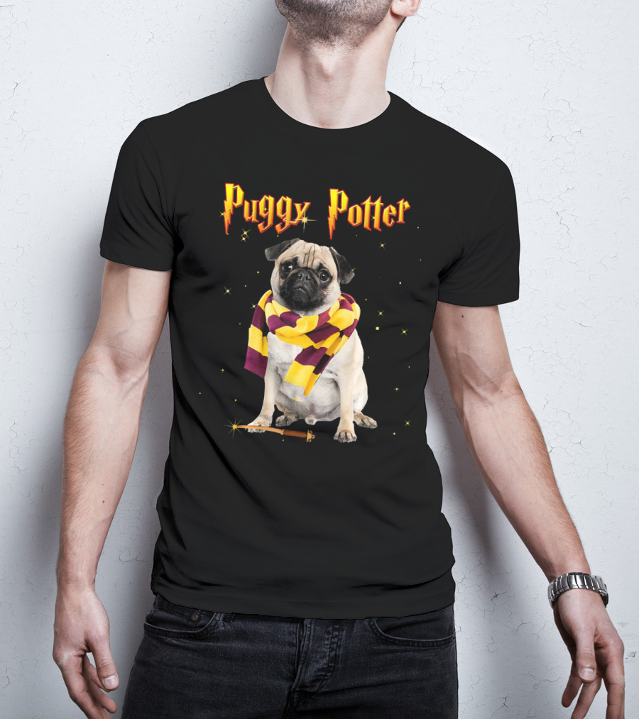 Puggy Potter Magic Wizard Pug With Scarf And Wand T-Shirt