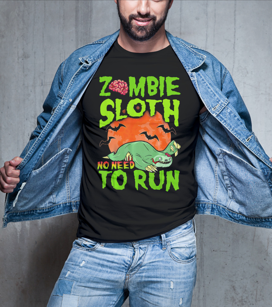 Zombie Sloth No Need To Run Halloween Brain Bats T-Shirt