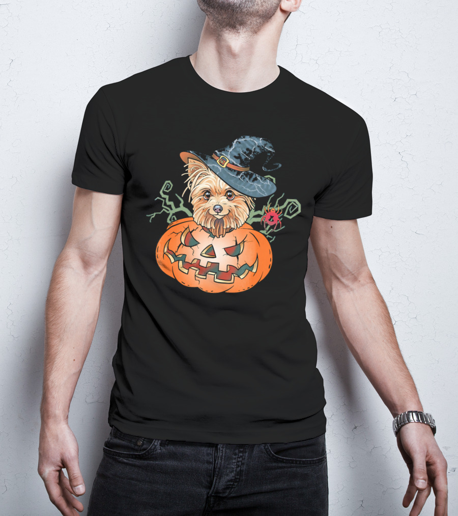 Yorkshire Terrier Witch Hat Pumpkin Halloween T-Shirt
