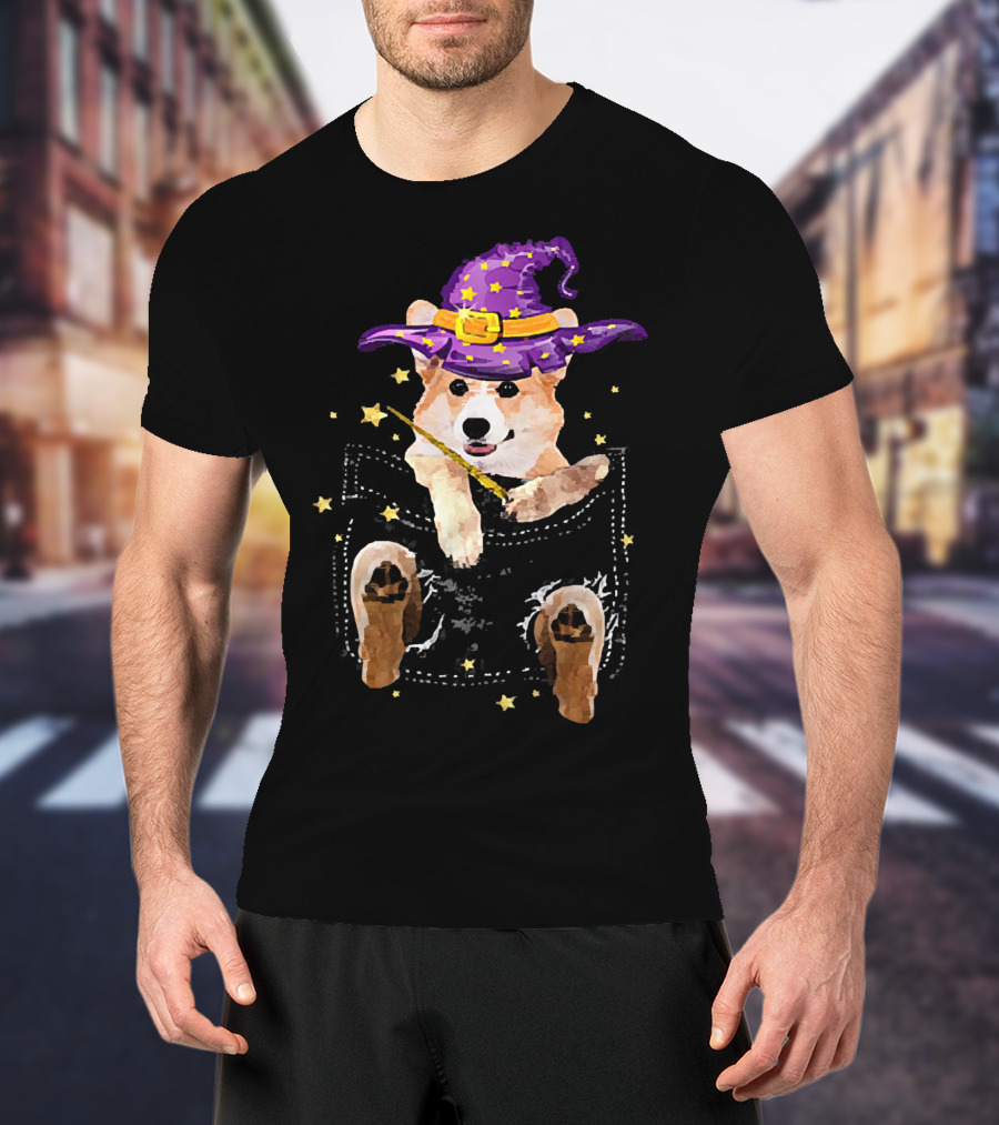 Corgi Witch Hat Starry Pocket Magic Wand Corgi T-Shirt