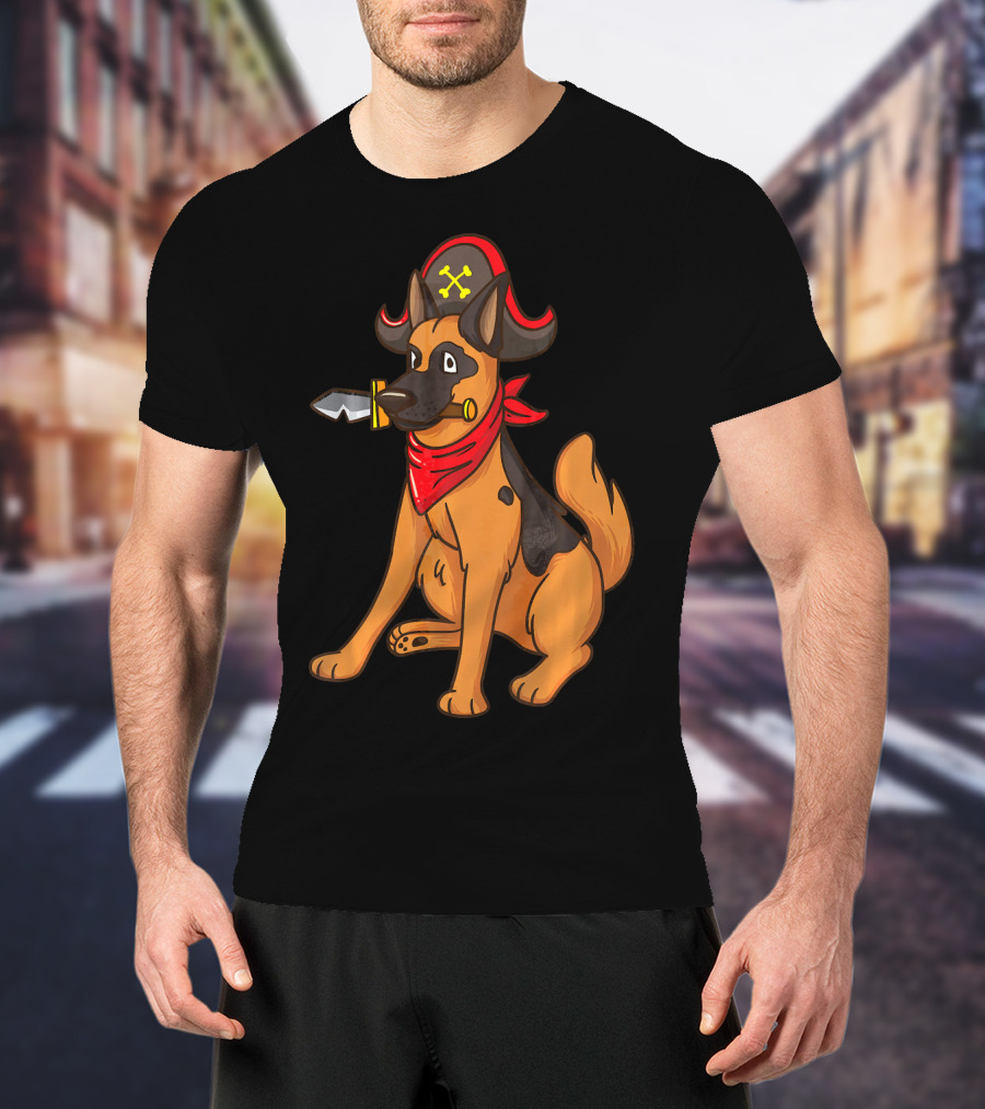 Pirate German Shepherd With Red Bandana And Hat For Halloween T-Shirt