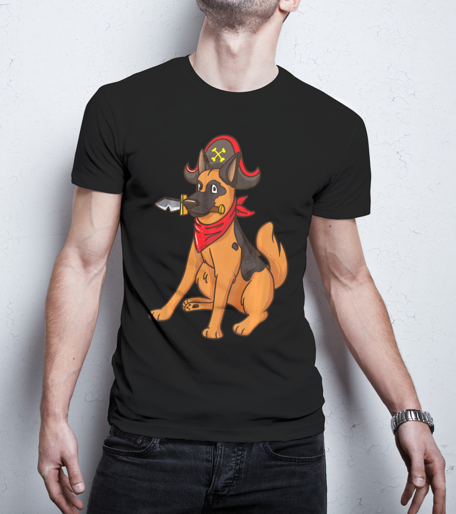 Pirate German Shepherd With Red Bandana And Hat For Halloween T-Shirt