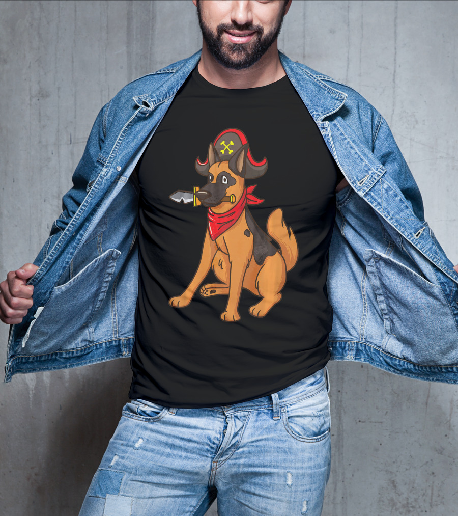 Pirate German Shepherd With Red Bandana And Hat For Halloween T-Shirt