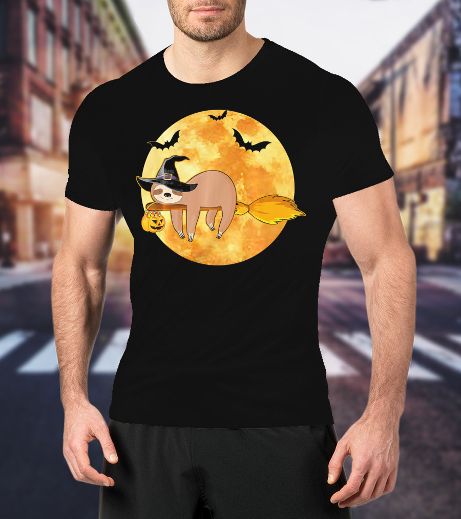 Lazy Sloth Riding Witches Broom With Pumpkin And Full Moon Background T-Shirt