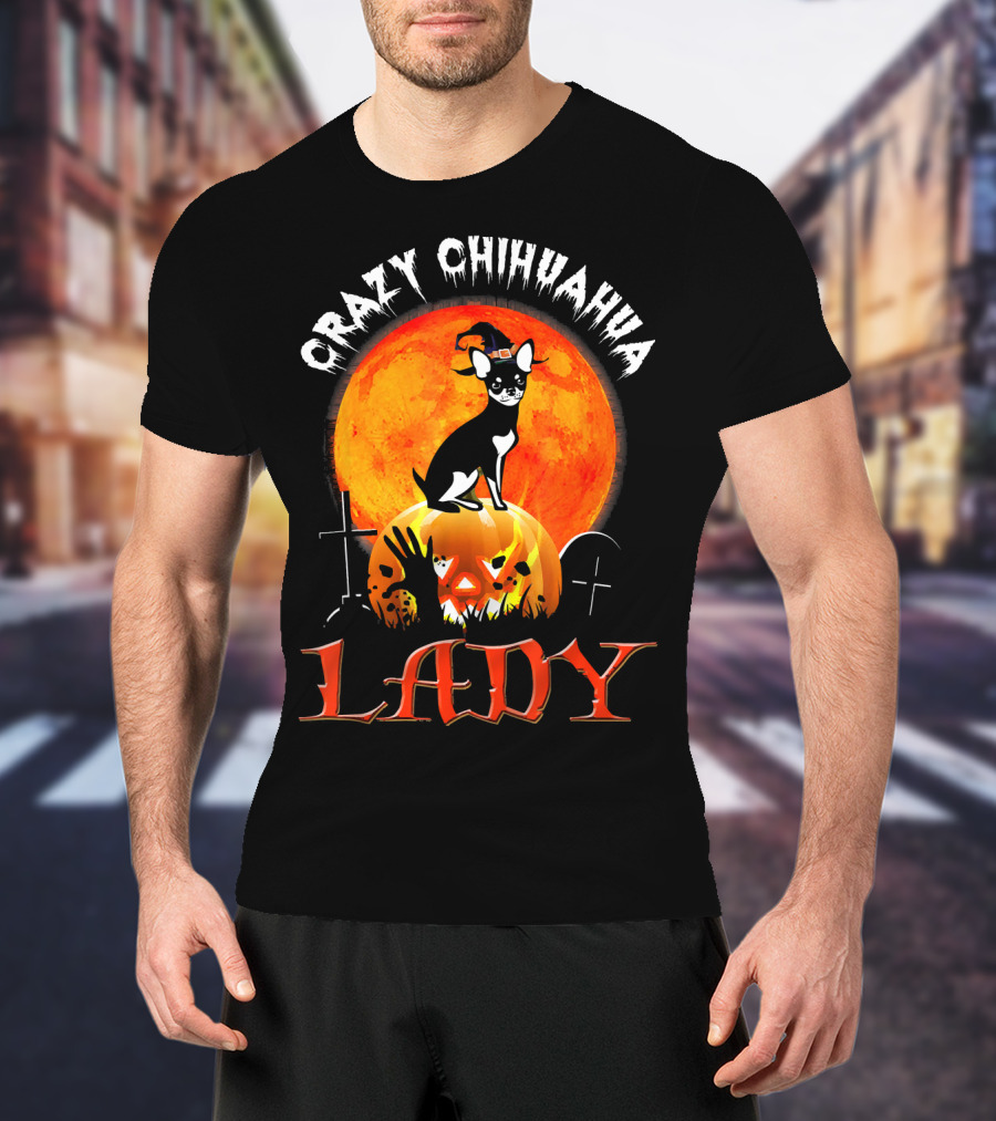 Crazy Chihuahua Lady Halloween Pumpkin Moon T-Shirt