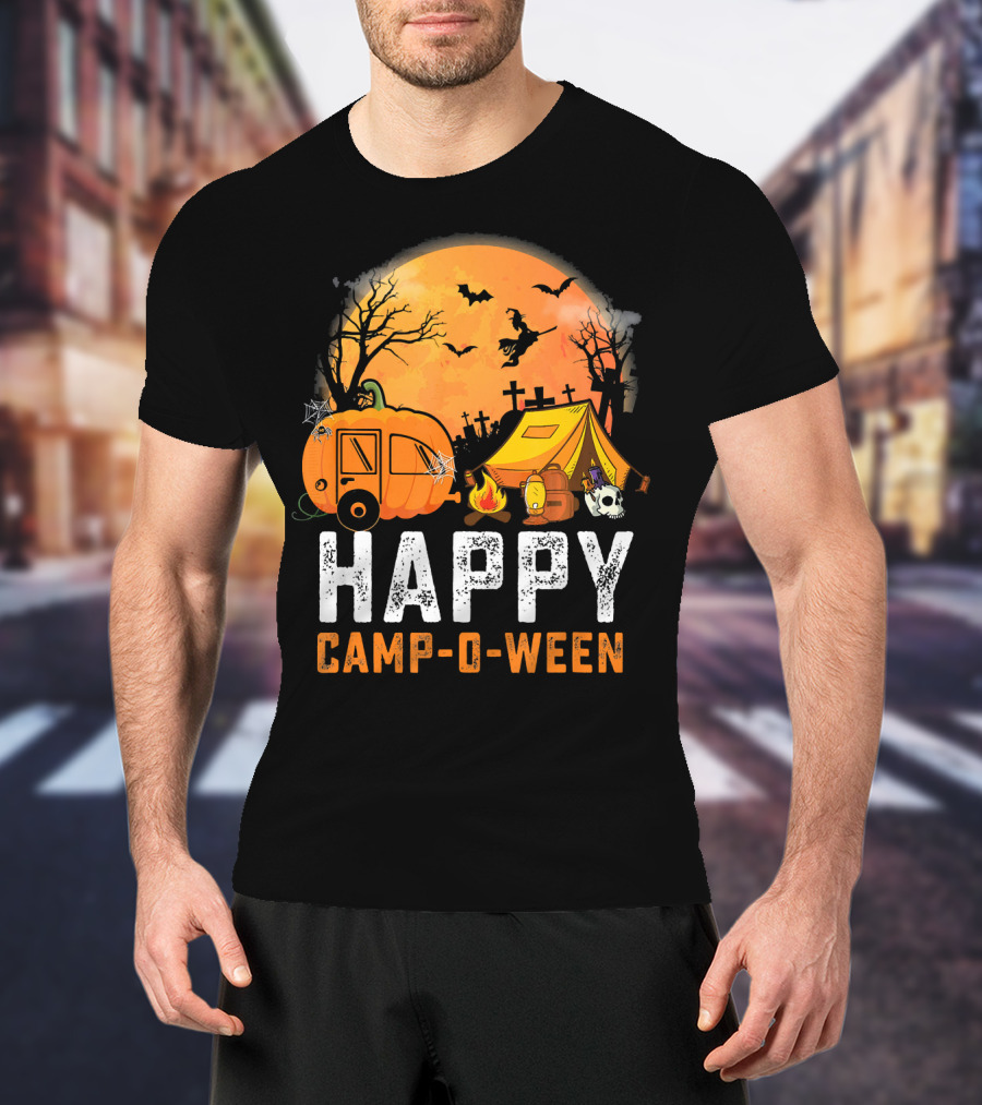 Funny Happy Camp O Ween Camping Halloween Scene With Pumpkin Caravan And Tent T-Shirt