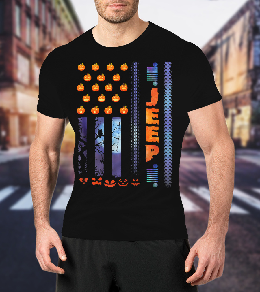 Jeep Halloween Pumpkin USA Flag With Tire Tracks And Spooky Jack-o-Lanterns T-Shirt