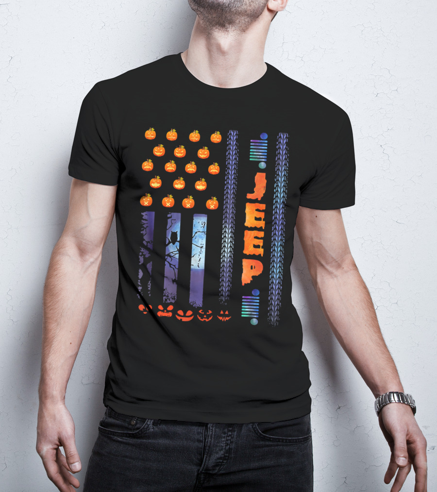 Jeep Halloween Pumpkin USA Flag With Tire Tracks And Spooky Jack-o-Lanterns T-Shirt