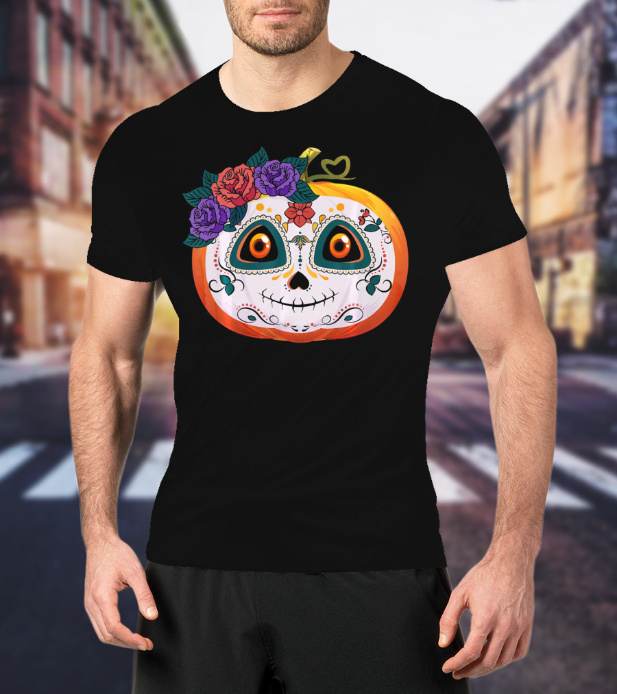 Pumpkin Floral Sugar Skull Jack O Lantern With Flowers T-Shirt