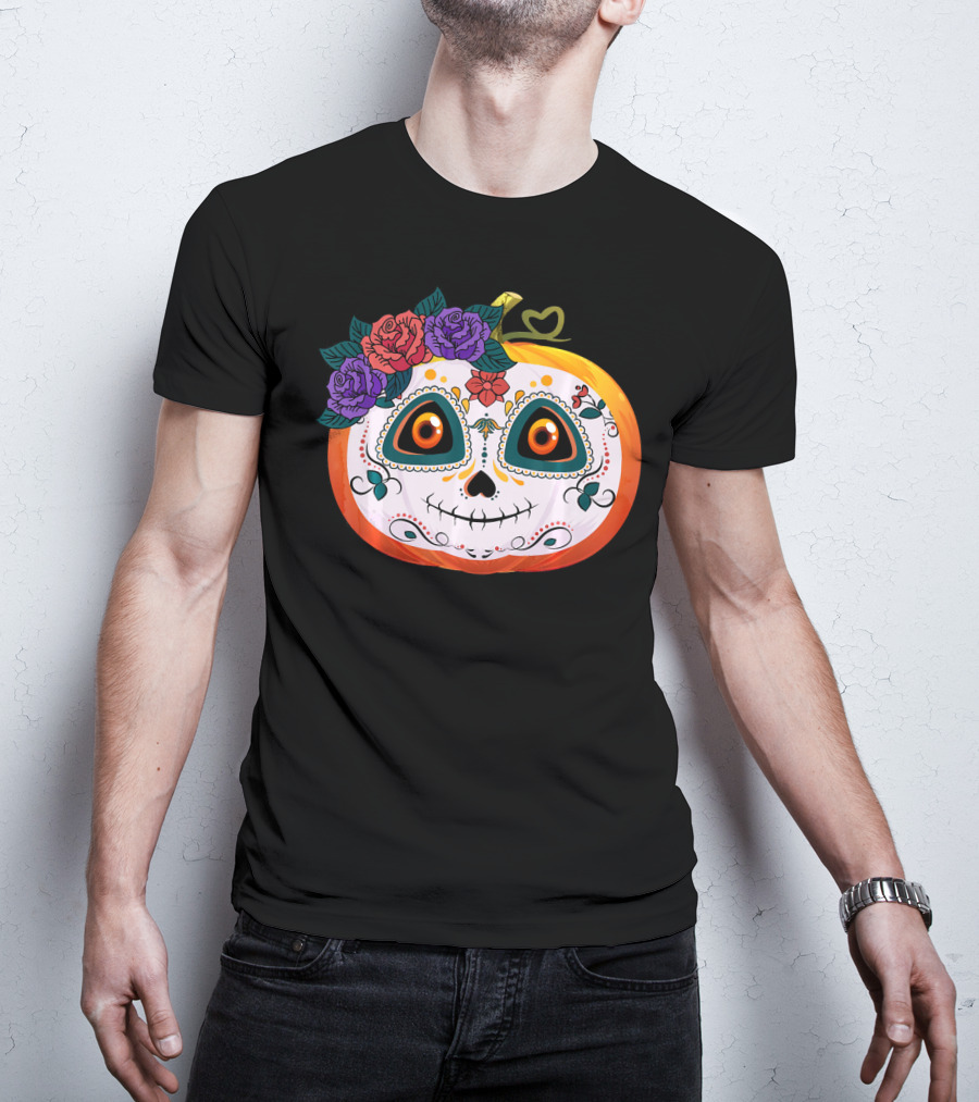 Pumpkin Floral Sugar Skull Jack O Lantern With Flowers T-Shirt