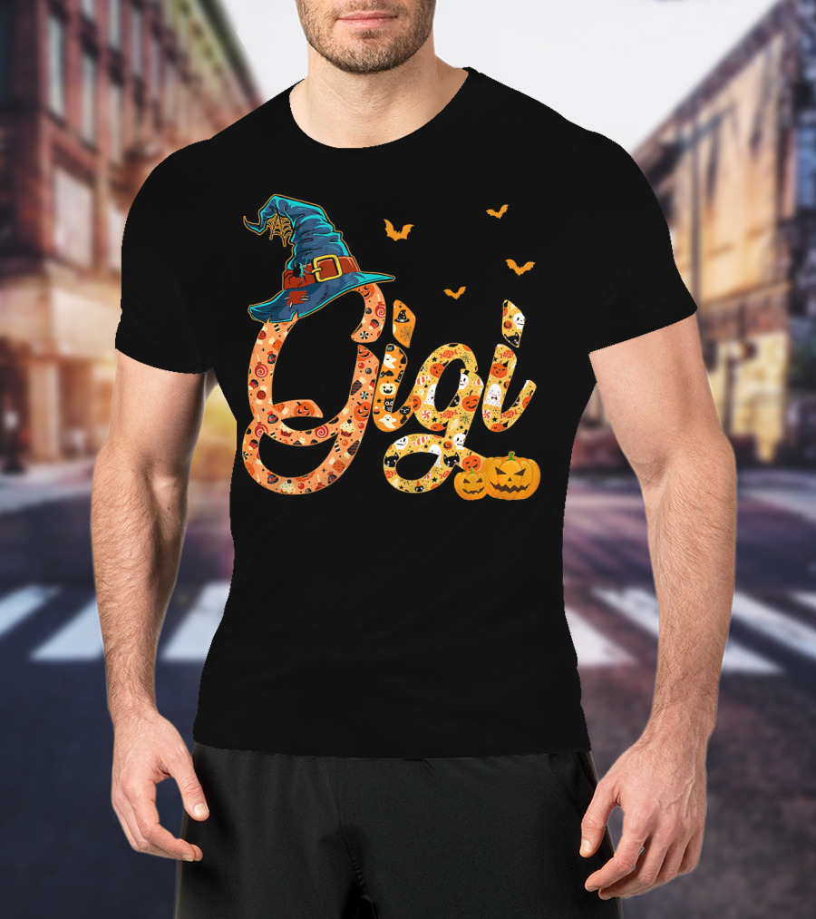Gigi Funny Halloween Witch Hat Pumpkins Bats T-Shirt
