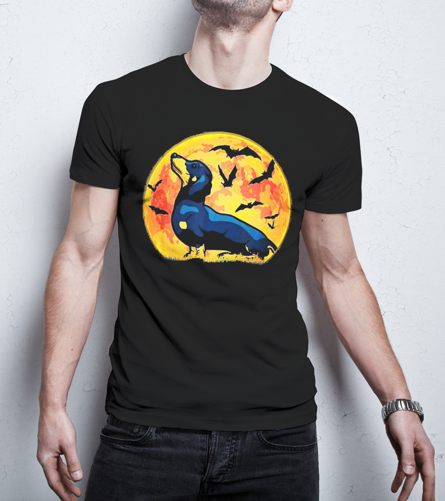 Dachshund Halloween Moon With Flying Bats T-Shirt
