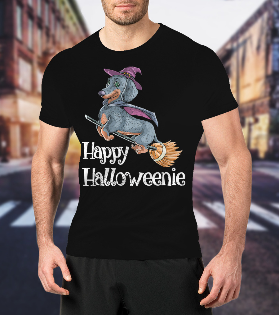 Happy Halloweenie Dachshund Witch Riding Broomstick T-Shirt