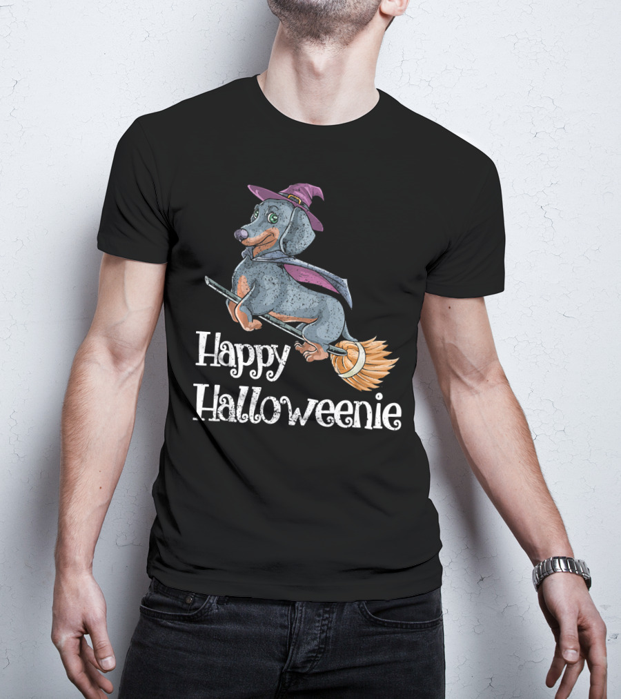 Happy Halloweenie Dachshund Witch Riding Broomstick T-Shirt