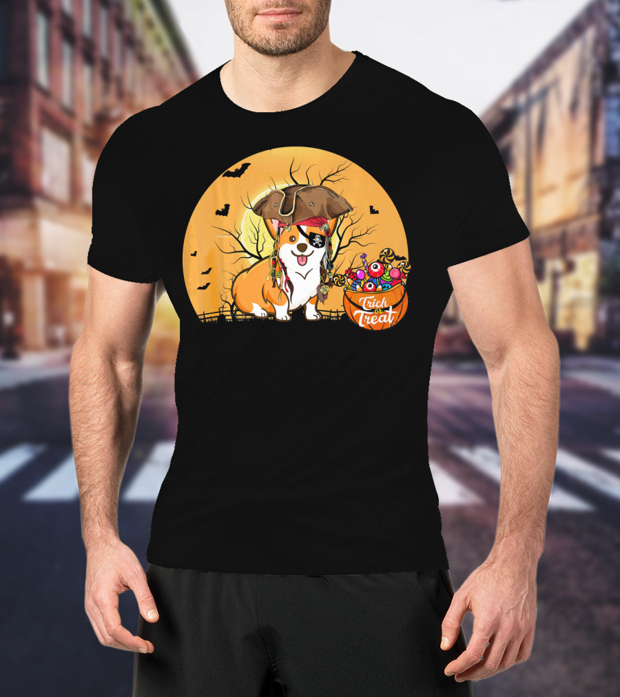 Trick Or Treat Pirate Corgi Halloween Scene With Candy Bowl And Bats T-Shirt