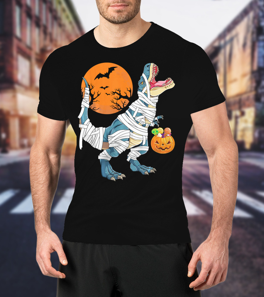Halloween Dino Girls Kids Mummy Dinosaur Bats Pumpkin Moon T-Shirt
