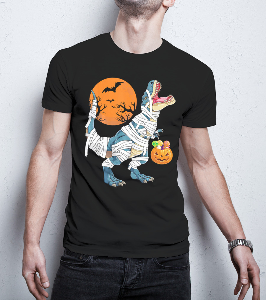 Halloween Dino Girls Kids Mummy Dinosaur Bats Pumpkin Moon T-Shirt