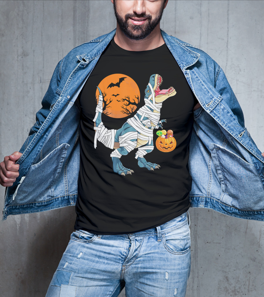 Halloween Dino Girls Kids Mummy Dinosaur Bats Pumpkin Moon T-Shirt