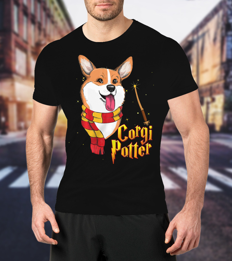 Corgi Potter Cute Harry Pawter Dog With Scarf And Wand T-Shirt